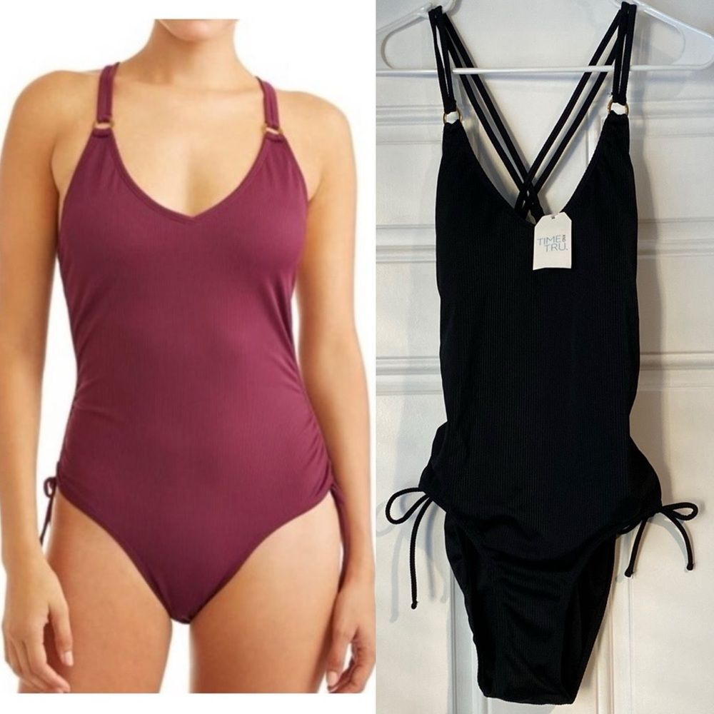 NWT NEW Time and Tru Missy Side Shirred One Piece Black Size M